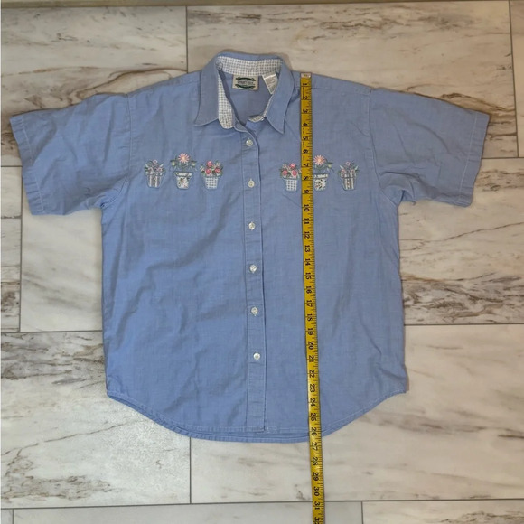Separate Issue Floral Embroidered Button Down Shirt Size S Blue Gingham Trim - Picture 6 of 7